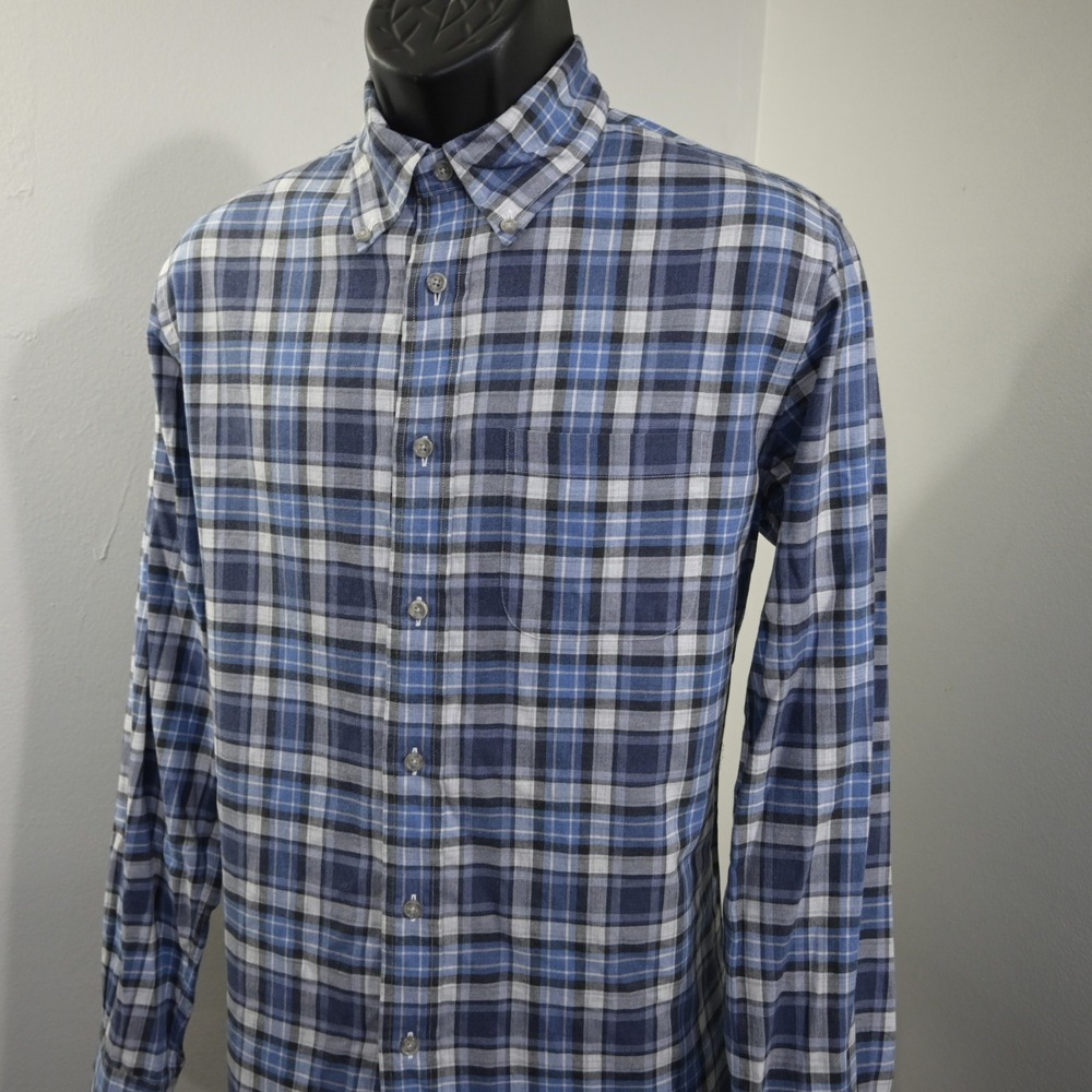 Brooks Brothers Button Up Mens Medium Milano Fit Blue Gray Plaid Flannel Shirt